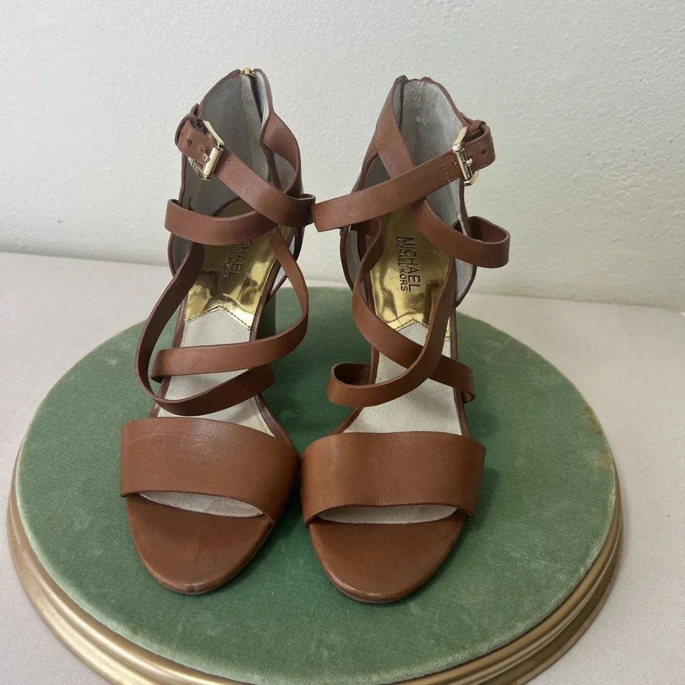 Michael Kors Brown Leather Strappy Block Heel Sandals